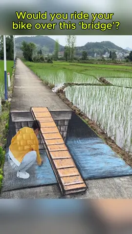 This wooden bridge looks so real — but it’s actually just chalk on flat ground! 3D illusion art that tricks your eyes 👁️ Watch as the bike rider crosses this “dangerous gap” like it’s nothing.#3dstreetart #3dart #3d #dranwing #streetart #streetdrawing #3ddrawing #art 
