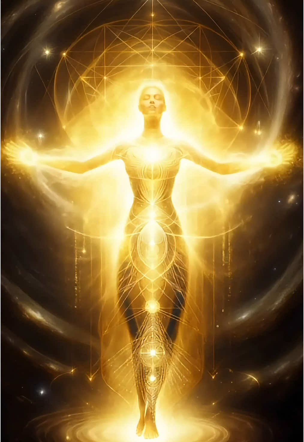 Goddess of the Golden Matrix Embrace the divine frequencies of the Golden Matrix, where sacred geometry meets infinite consciousness. As the Goddess weaves her golden light through the cosmic tapestry, she reminds us of our eternal connection to source.  Feel the ancient wisdom flowing through your energy field as you align with the higher realms of existence. Like a golden thread in the fabric of reality, you are one with the Goddess, a powerful being of limitless potential walking between worlds. The matrix is not your prison, but your playground of infinite possibilities, guided by the eternal dance of the divine feminine. Visuals: DJR Music: DJR Music #sacredgeometry #cosmicenergy #5dconsciousness #starseeds #spiritualawakening
