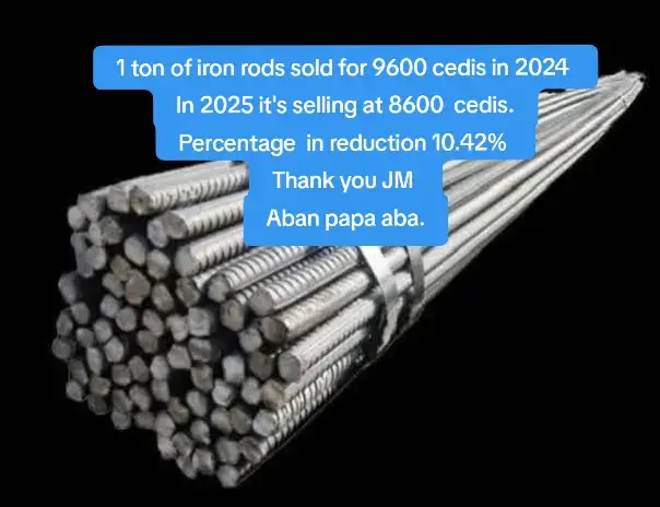 Good 1 ton of iron rods sold for 9600 cedis in 2024  In 2025 it's selling at 8600  cedis. Percentage  in reduction 10.42%  Thank you JM  Aban papa aba.#Newsfile #foryoupage #germany #foryoupage #fyp#foryoupage #trending #foryoupage#trending#foryoupage Mahama forms of #foryoupage #germany my 