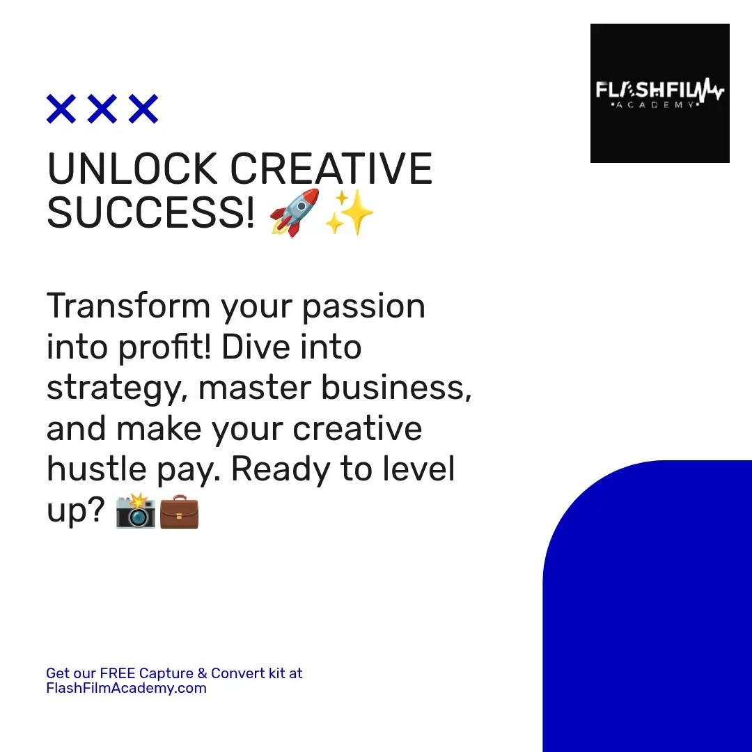 3 rules for a life of creative success: 1️⃣ Strategy over talent: Talent's cool, but without strategy, you're just spinning wheels. 2️⃣ Business brains: Dive deep into business know-how, y'all! It's the secret sauce. 3️⃣ Passion to profit: Turn that camera love into dollar bills! No more struggling. 🌟 Ready to level up? Get our FREE Capture & Convert kit at FlashFilmAcademy.com. 📸💼 Share if you're ready to make that creative hustle pay! #CreativeSuccess #BusinessOverGear