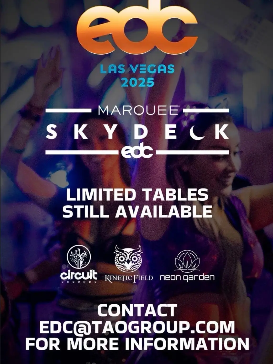 See you under the electric sky! #MarqueeSkydeck returns to @edc_lasvegas with world class bottle service experiences and epic views of the best stages at Kinetic Field, Circuit Grounds and Neon Garden all weekend! Contact edc@taogroup.com for table reservations! @marqueelv @edc_lasvegas @insomniacevents @insomniac_vip #marqueelv #insomniacevents #insomniac_vip 