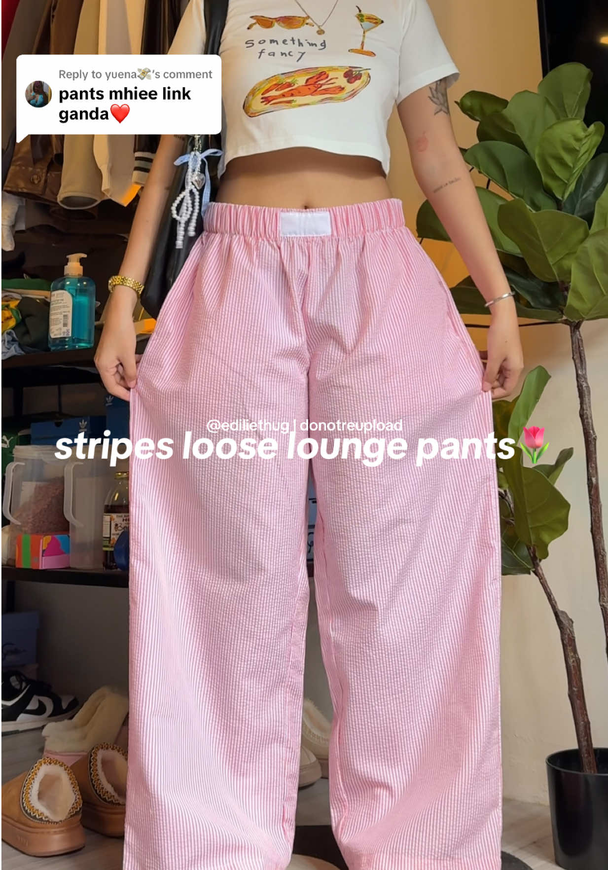 Replying to @yuena💸  pink stripes lounge pants🌷🤍 #outfitideas #fypシ゚ 