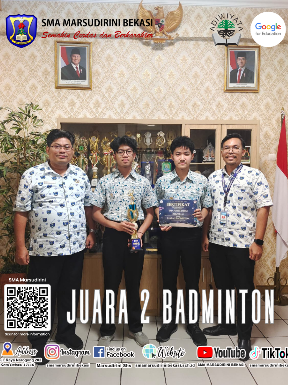 Selamat kepada peserta didik sebagai juara 2 dalam lomba Badminton yang diselenggarakan oleh D’Ravent Cup “IGNITED: Supernova Showdown” - SMA Dharma Putra Advent, atas nama:  1. Caleb Eliezer Sirait - XD 2. ⁠Darren Salvian Frinz - XD 3. ⁠Jonathan Olo Scweitzer Sigalingging - XI F 4. ⁠Anselmus Yoga Pradipa - XI i Terima kasih sudah membawa nama baik SMA Marsudirini Bekasi. Ditunggu prestasi Marsudirinian selanjutnya!