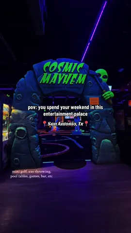 Fun things to do in San Antonio! Check it out: Cosmic Mayhem #datenightidea #thingstodoinsanantonio #axethrowing #sanantonioactivities #arcade #minigolf #fyp 