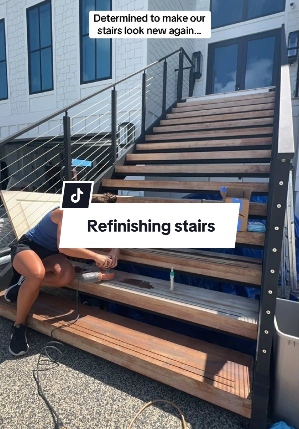 About 8 hours of sanding… I’m starting to think concrete steps might look really good right about now 😂 #disastertodreamhome 