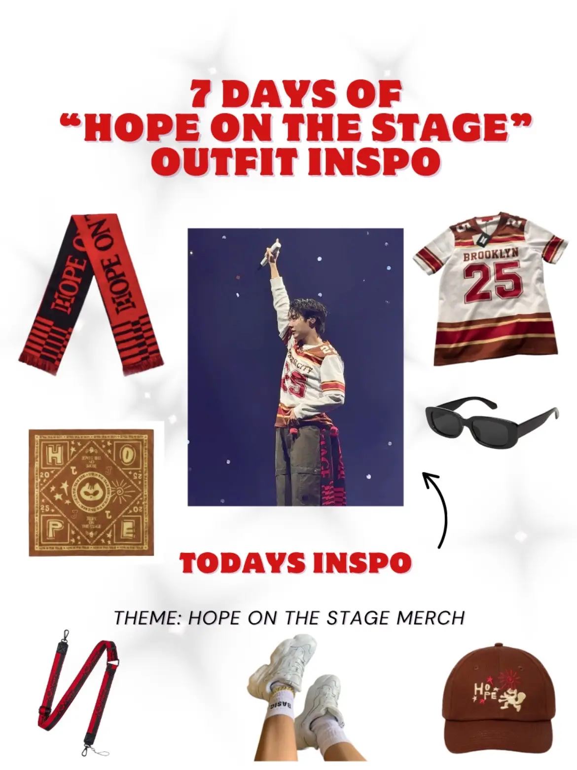 Theme: “Hope on the Stage” Merch 🤠 Today is Day 6 of my 7-day series where I create mood boards inspired by J-Hope's stage outfits/ performances for 
