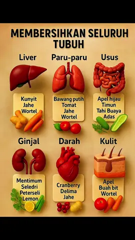 • Liver (Hati): Kunyit, jahe, dan wortel kaya antioksidan untuk membantu detoksifikasi dan mendukung fungsi hati. • Paru-paru: Bawang putih, tomat, jahe, dan wortel mengandung senyawa antiradang dan vitamin C untuk menjaga kesehatan saluran pernapasan. • Usus: Apel hijau, timun, adas, dan 