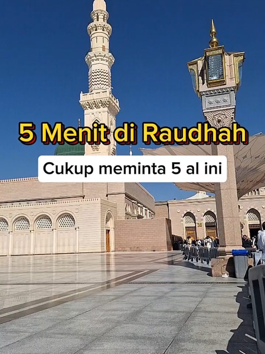 “Inilah Raudhah, tempat mustajabnya doa. Di sinilah Rasulullah shallallahu ‘alaihi wasallam bersabda: ‘Antara rumahku dan mimbarku adalah taman dari taman-taman surga. Semoga Allah mudahkan langkah kita semua untuk sujud dan berdoa di Raudhah. Aamiin.
