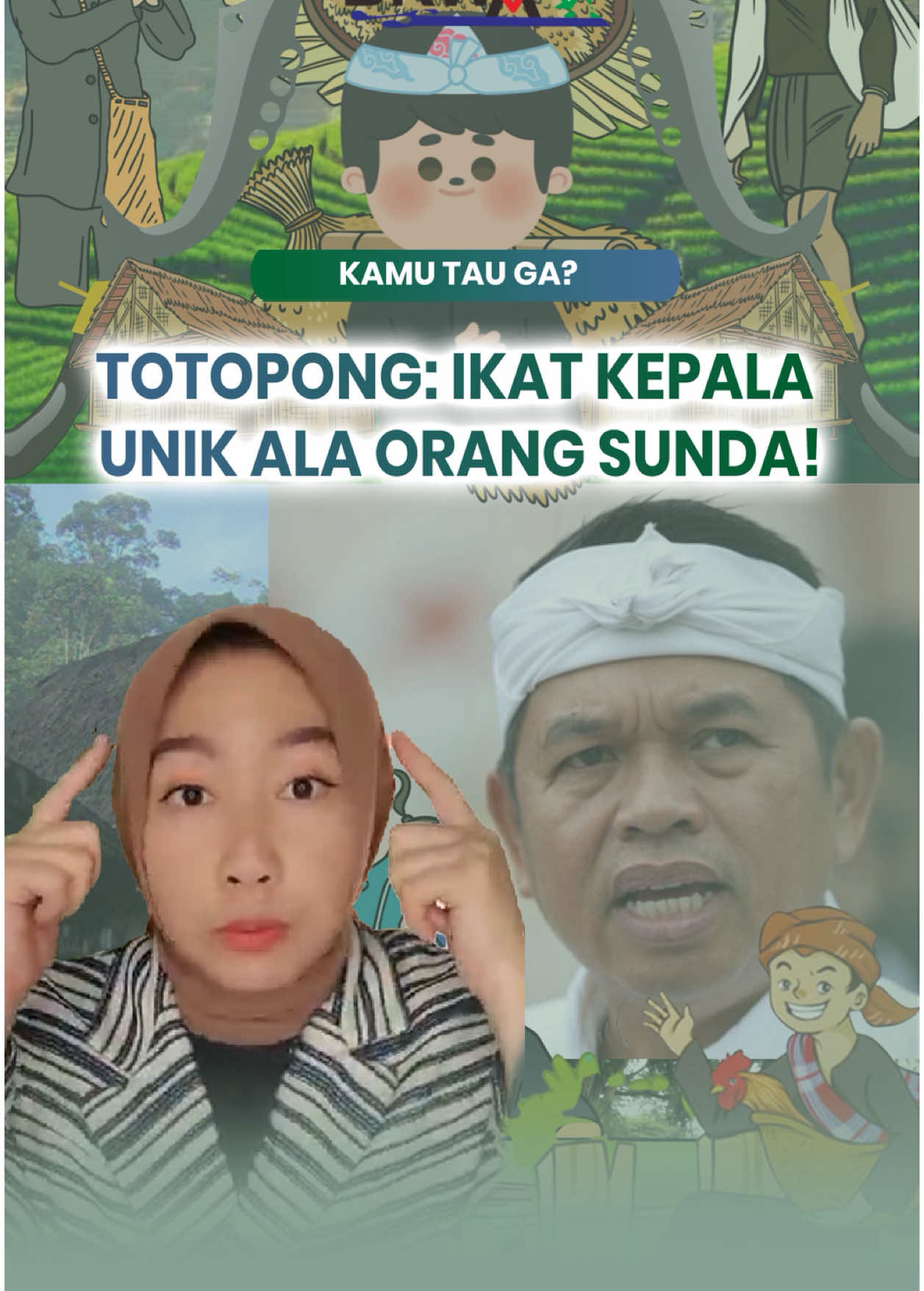 Totopong: Ikat Kepala Khas Orang Sunda! Halo Sobat Adat! Kamu pasti tahu Kabayan, kan? Nah, ikat kepala yang dia pakai namanya Totopong—penutup kepala khas Sunda! Totopong terbuat dari kain batik bermotif Sunda yang diikat ke kepala dengan berbagai bentuk unik. Ada 7 variasi bentuk, seperti barambang semplak dan parekos nangka, yang semuanya punya makna dan gaya tersendiri. Berbeda dari blangkon atau udeng, totopong bisa dibentuk sesuai selera. Fleksibel dan penuh filosofi! Gimana, kamu tertarik coba? Tulis di komentar dan jangan lupa share biar makin banyak yang tahu! #sahkanruumasyarakatadat #Totopong #BudayaSunda #SobatAdat #KabayanStyle #kdm #kangdedimulyadi