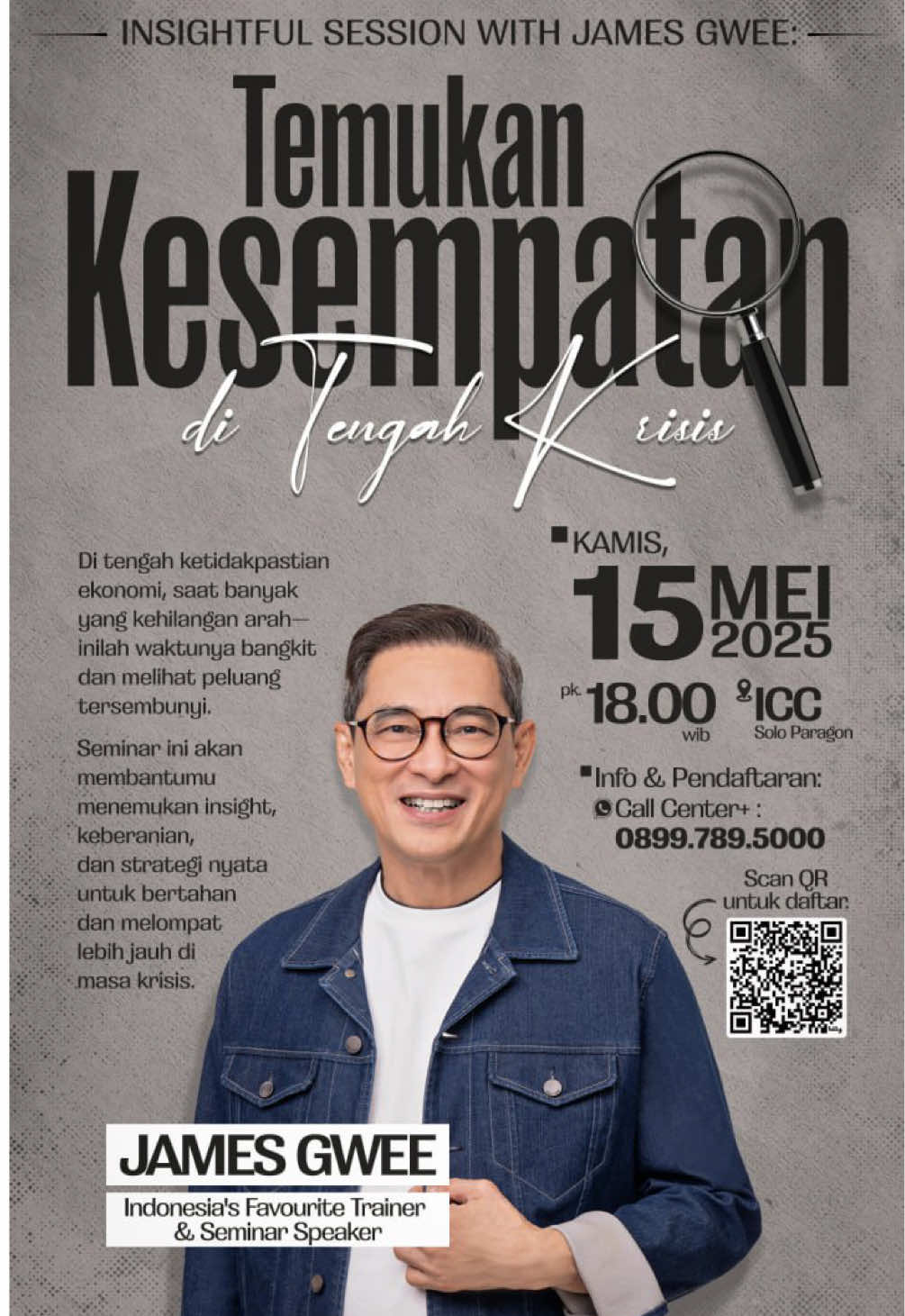 Halo temen temen yang ada di Solo, jangan lewatan seminar ini bersama Ps James Gwee. Kita akan membahas bagaimana Anda bisa “Temukan Kesempatan di tengah Krisis.” See you soon #training #jamesgwee #seminar #solo #opportunity #kesempatan #bisnis #krisis #peluang #sukses #pengusaha #entrepreneur 