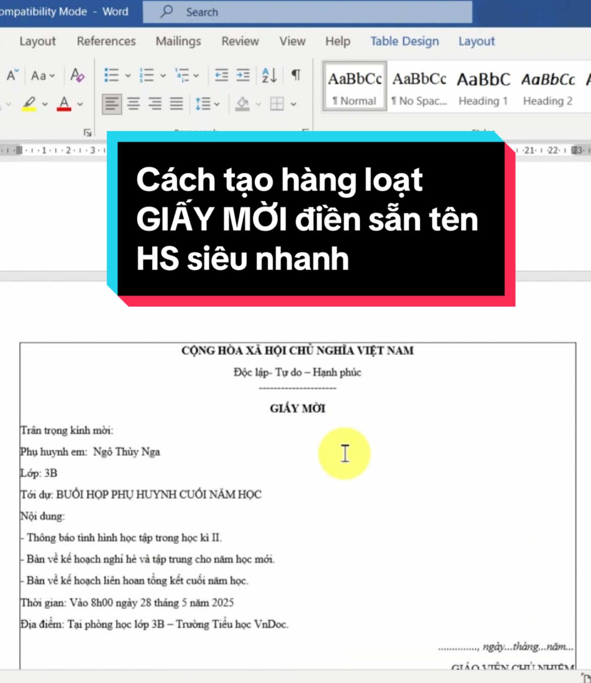 Cách tạo hàng loạt GIẤY MỜI điền sẵn tên HS siêu nhanh và chính xác #word #tiktok #LearnOnTikTok #giaovien #xuhuong #vndoc 