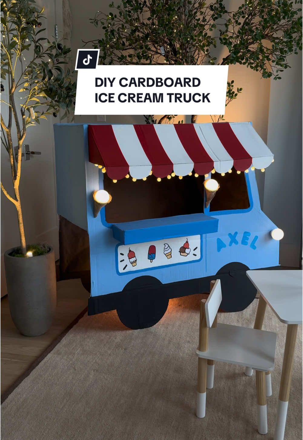 What happens when I’m given some cardboard and lighting? The most magical ice cream social 🥹💡📦✨  #DIY #cardboard #icecream #crafts 