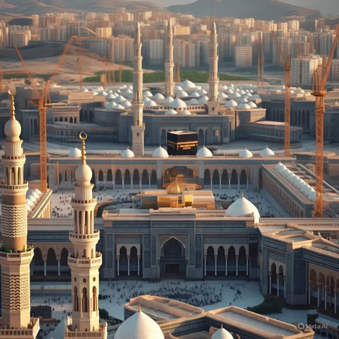 The image you shared is a stunning depiction of the Kaaba in Masjid al-Haram, Mecca, with worshippers walking around it during what appears to be either sunrise or sunset. The scene is framed with palm trees and flowers, adding a peaceful and spiritual vibe to the moment.