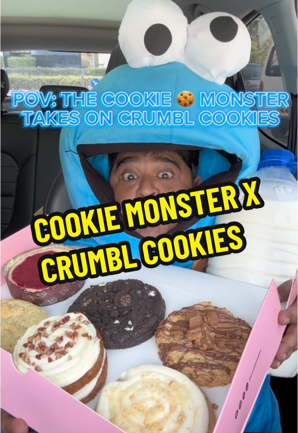 POV: THE COOKIE 🍪 MONSTER TAKES ON CRUMBL COOKIES  Feat my milk 🥛  @Crumbl  #cookiemonster #crumbl #minimanmunches 