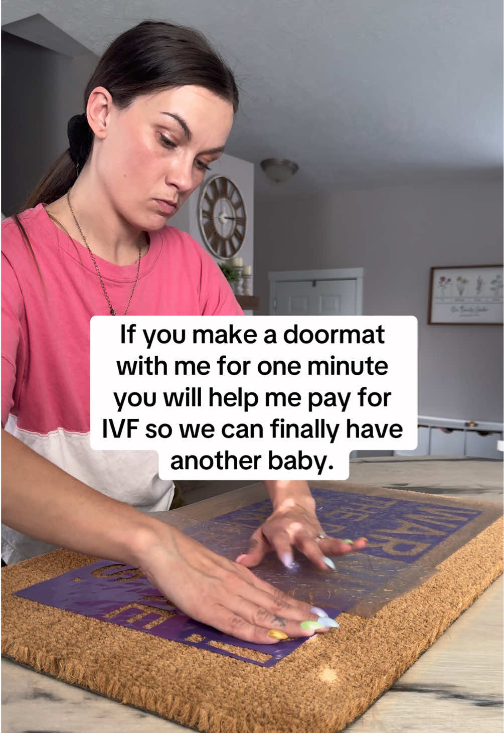 Make a doormat with me so I can pay for IVF. 🥹 #doormat #ivf #ivfjourney #diydoormat #SmallBusiness #infertilityawareness #ivfmom #customdoormat #doormats #ivfwarrior #ivfgotthis #ttc #ttcjourney #infertilityjourney #homedecor #handmade #art #diyhomedecor #diycrafts