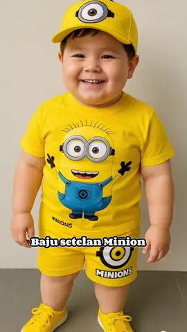 Baju setelan+topi motif minion bahan premium nyaman di pakai sikecil untuk usia 1-10 tahun#fashionanak #outfitanak #setelananak #bajusetelan #fyp 