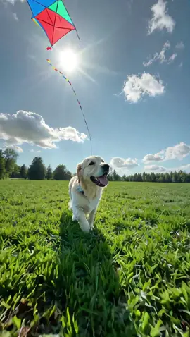 In the wide field, the dog runs freely, flying a kite with pure joy.#dogsoftiktok #doglovers #lovelydog #lovelypets #doggo