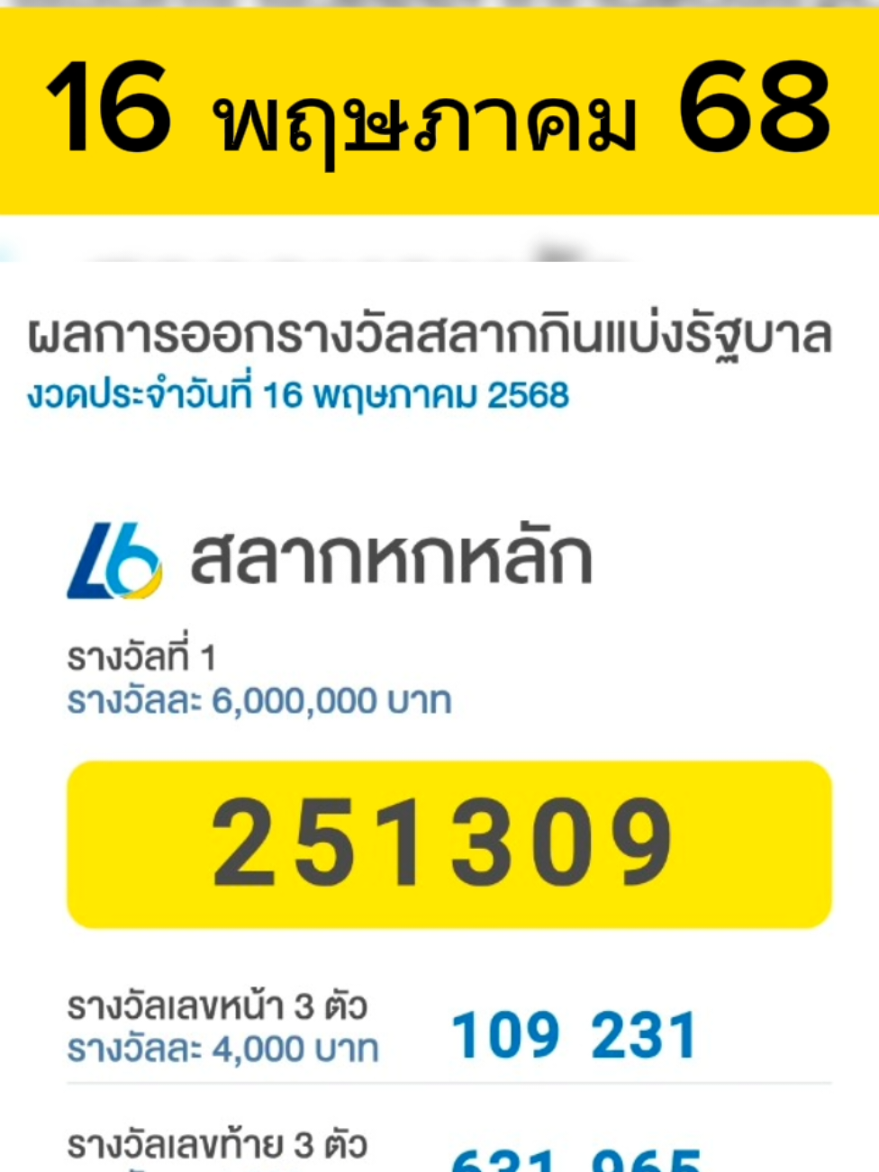 ผล #สลากกินแบ่งรัฐบาล งวดวันที่ 16 พ.ค. 2568 รางวัลที่ 1 251309 เลขหน้า 3 ตัว 109 / 231 เลขท้าย 3 ตัว 965 / 631 เลขท้าย 2 ตัว 87 ผล #สลากN3 3 ตัว 309 2 ตัว 87 รางวัล 3 ตัวสลับหลัก 039 093 390 903 930 รางวัลพิเศษ 309 000 000 328 #ตรวจหวย #หวยออก #หวยงวดนี้
