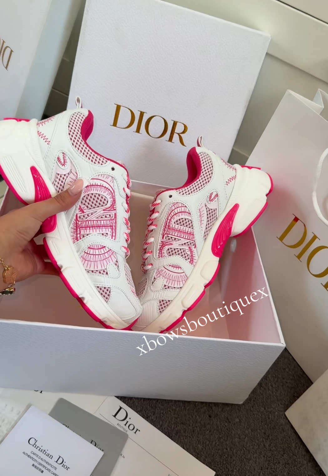 Are pink /white CD trainers available on our website link in bio 🤍 (Follow us on instagram) xbowsboutiquex 