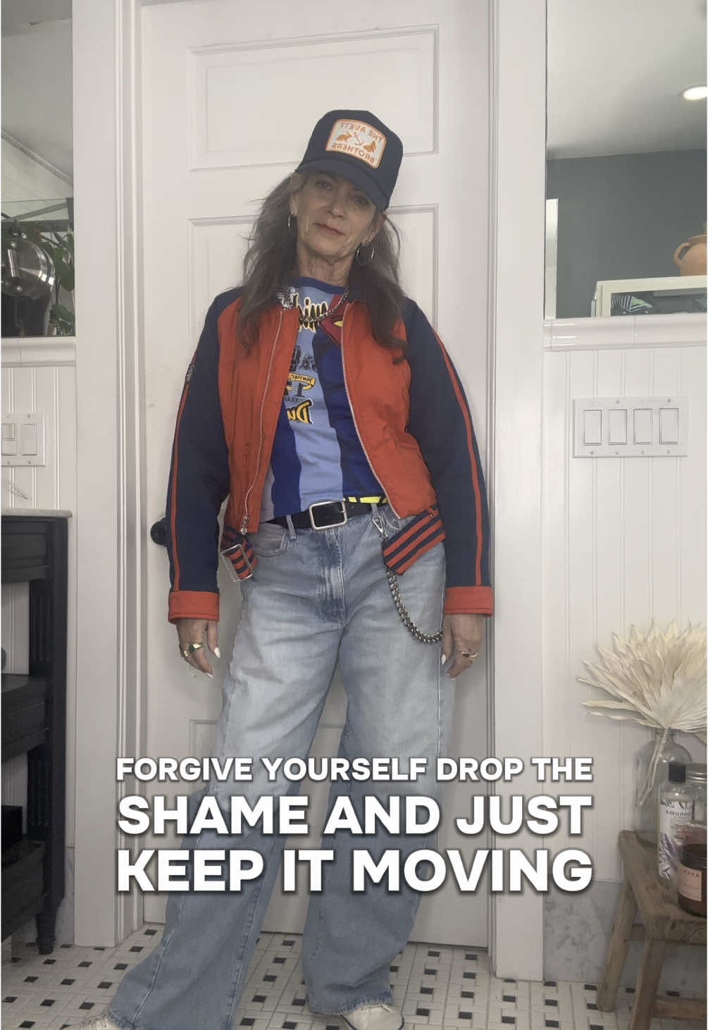 S#%T HAPPENS FIT DEETS: : @Harper Wilde discount in bio JEANS: @MOTHER  TOP: @SUAY SEW SHOP  JACKET: @adidas thrifted  CAP: @The Avett Brothers  SNEAKERS: @SeaVees  #justgetdressed