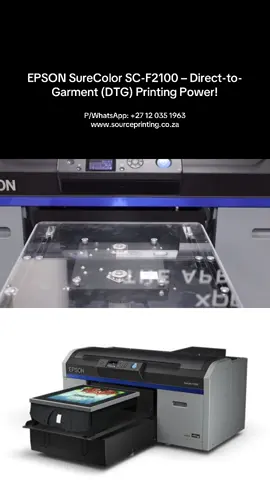 EPSON SureColor SC-F2100 – Direct-to-Garment (DTG) Printing Power! The SC-F2100 is your complete DTG solution for high-quality, full-colour printing on: 👕 T-shirts 👔 Polo shirts 👜 Tote bags 🧢 And more cotton-rich fabrics! ✅ Industrial-grade EPSON PrecisionCore® printhead ✅ High-speed & high-resolution output ✅ Integrated Garment Creator software ✅ Easy maintenance with automatic cleaning system ✅ Reliable white ink circulation for consistent results 💥 Price: R420,000 💼 Full training & support included 🚚 Nationwide delivery available 📦 Optional: Add heat press & pre-treatment machine for a complete bundle 📞 WhatsApp: +27 12 035 1963 🌐 Order online: www.sourceprinting.co.za