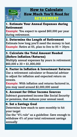 To calculate your retirement needs, you'll need to estimate your desired retirement income and then determine the amount of savings you need to support that income. A common guideline is to aim for 70-80% of your pre-retirement income, but your individual needs will depend on factors like your planned lifestyle and where you'll be getting income from i.e., Social Security, investments, etc.   #moneytips #retirementplanning #retirement  Disclaimer: My content is for educational purposes only, it is not legal or tax advice. Always consult the appropriate professional licensed in your state before making any decisions. I may earn affiliate commissions from any links mentioned.