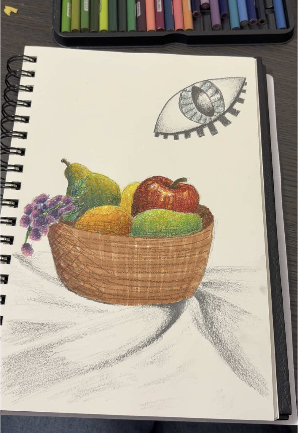 Box drawing a fruit basket with apples, grapes, pears and some other things that came to mind #fruitart #fruitbasket #coloredpencildrawing #drawing #unconventional #creatingthechaos #colortheory #foodart #pencilart #colorwithme #artistsoftiktok 