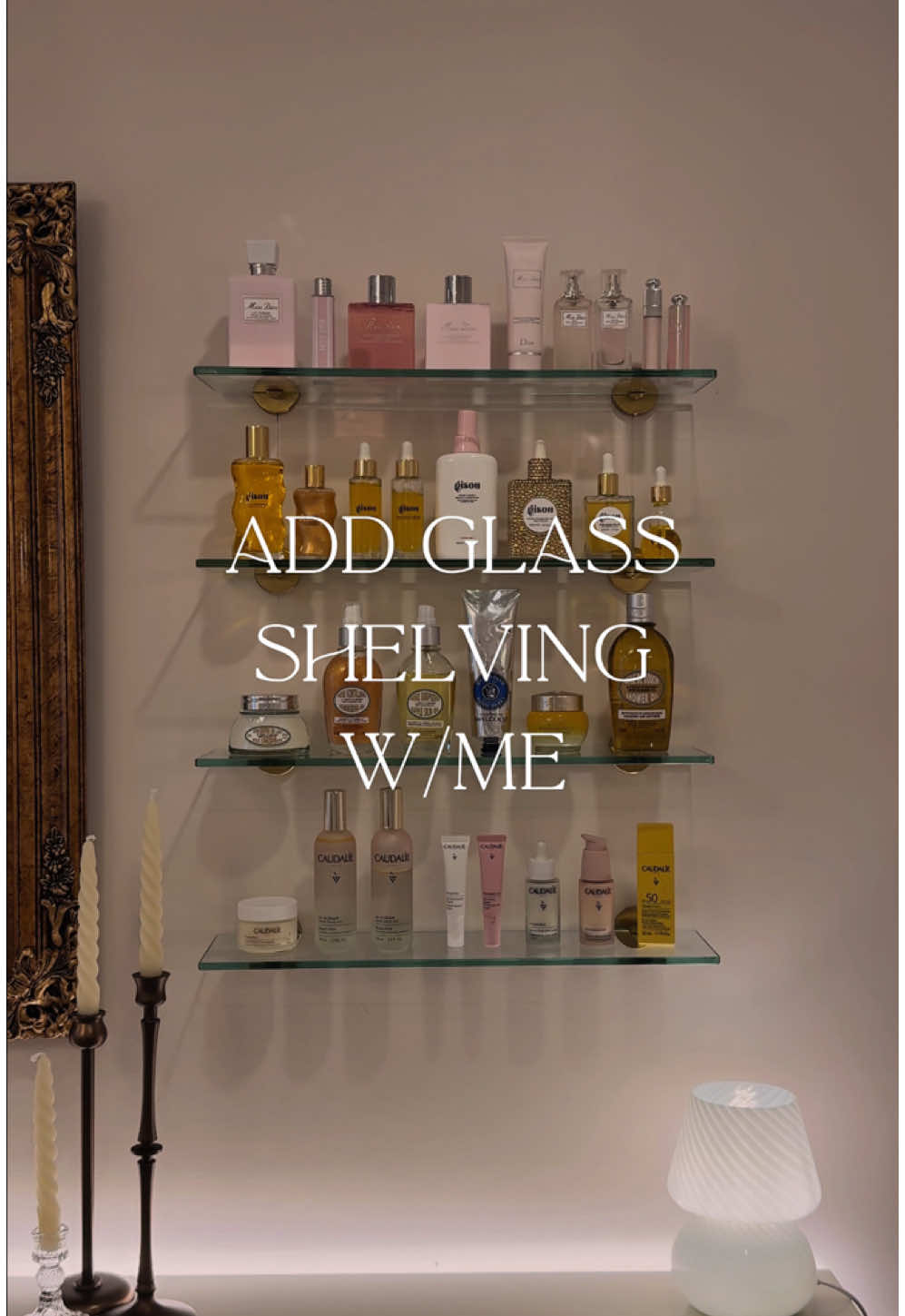 May the beauty room organization continue 🫶 these glass shelves turned out so much better than I expected.  They’re from Amazon and I’ll link them in a bio for those who are interested.  ##beautyroomdecor##beautyroominspo##beautyroom##jolanibeautyroom