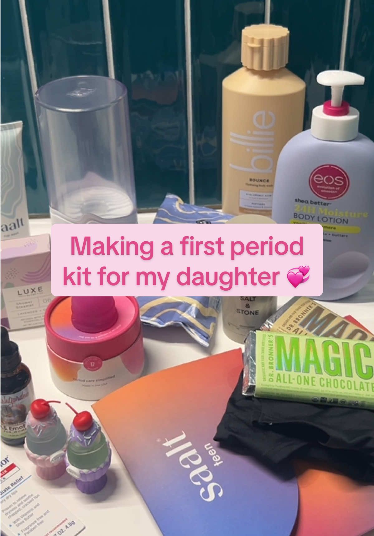 All the self-care and period essentials for her first period 🩷#firstperiod #teen #momsofteens #firstperiodkit #firstperiodtips #menstrualcup #saaltwear #saaltcup #pads 