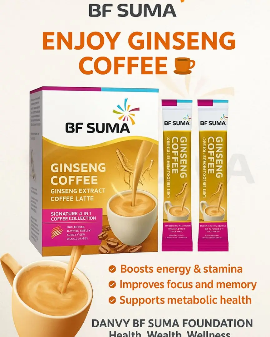 BF Suma GINSENG COFFEE ☕ 100% Natural Ginseng Extract Coffee Latte ✅ Health Benefits: Boosts energy & stamina Enhances mental clarity & memory Reduces fatigue and stress Supports a healthy metabolism Improves blood circulation Strengthens immune system Start your day the healthy way! We deliver across Kenya — Order Now! DANVY BF SUMA FOUNDATION Health. Wealth. Wellness. ☎️ Call: +254 797 278 249 📲 WhatsApp: +254 768 556 804