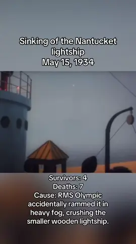 On May 15, 1934 — the Nantucket Lightship LV-117 was anchored in dense fog when it was accidentally rammed by the massive RMS Olympic, sister ship to the Titanic. Despite the lightship’s foghorn and signals, the fog was too thick and Olympic couldn’t stop in time. The steel-hulled liner tore into the wooden lightship, sinking it in minutes. Out of 11 crew members, 7 died and 4 survived. The tragedy led to changes in maritime safety and the replacement of wooden lightships with sturdier vessels. #foryou #xyzbca #sinking #ship