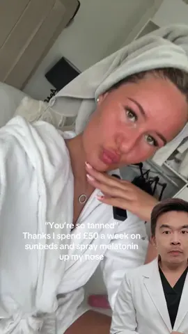Do not do this ! Using unapproved hormone sprays to stimulate tanning without sun exposure. These carry risks of melanoma, nausea, and skin abnormalities, as they are not FDA-approved and potentially dangerous#debunkingmyths