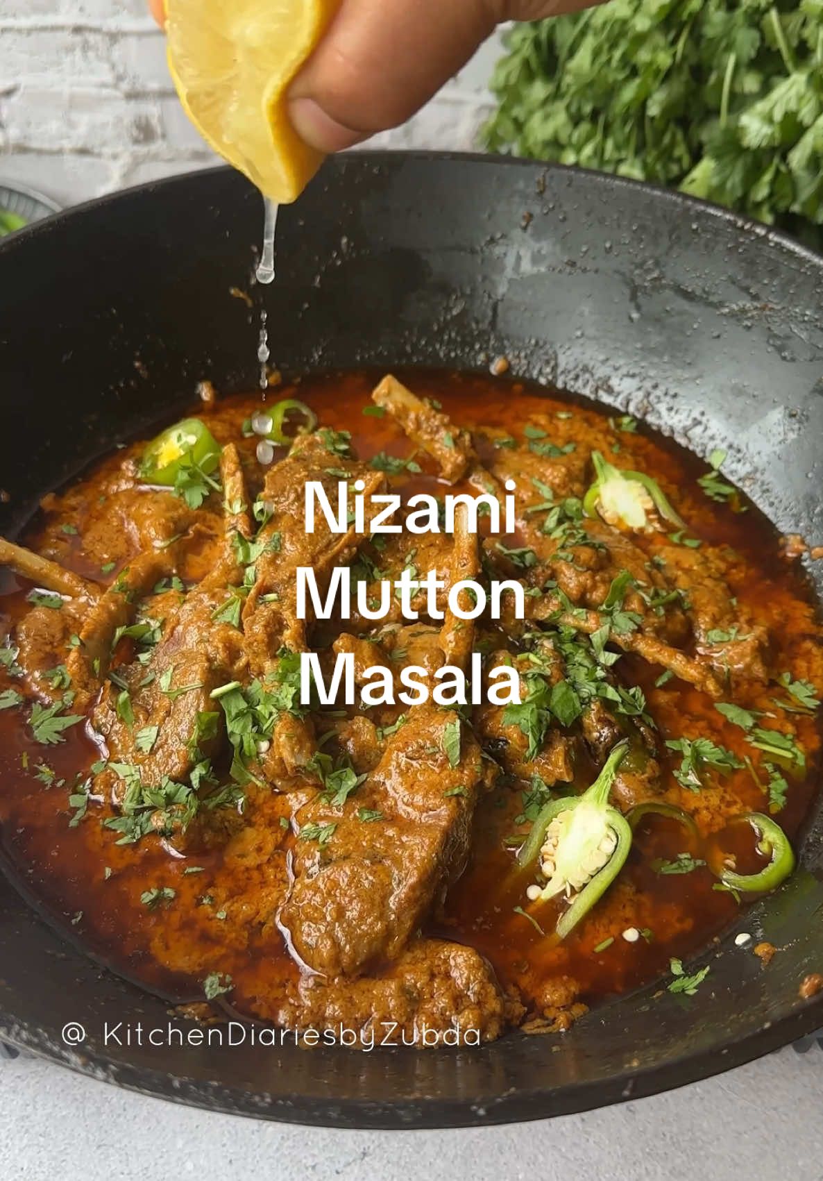 Nizami Mutton Masala Recipe Eid ul Adha special Ingredients For Marination: - 1 kg Lamb (cut into pieces) - 1 cup Yogurt - 1 tsp Salt (to taste) - 1 tbsp Chilli powder - 1 tbsp Coriander powder - 1 tbsp Cumin powder - 1 tbsp Garam masala - 1 tsp Turmeric powder - 2 Green chillies (slit) - Handful of fresh Coriander leaves (chopped) - Handful of fresh Mint leaves (chopped) - ½ cup Fried Onions - 2 tbsp Ghee For Cooking: - ⅓ cup Oil - 1 cup Water (as required) - 4 Cloves - 3 Green cardamoms - 3-inch Cinnamon stick For Paste: - 3 slices of Coconut (fresh or dried) - 4 cloves Garlic - 3-inch piece of Ginger root - ¼ cup Cashews - 2 tbsp Almonds - ½ cup Fried Onions For Garnish: - Lemon juice (to taste) - Fresh Coriander leaves (chopped) - Green chillies (sliced)  Instructions    - Heat oil in a pan over medium heat.    - Add sliced onions and fry until golden brown and crispy. Remove from oil and let them cool on a paper towel to absorb excess oil.    - In a large bowl, combine the lamb pieces with yogurt, salt, chilli powder, coriander powder, cumin powder, garam masala, turmeric powder, slit green chillies, chopped coriander, chopped mint, fried onions, and ghee.    - Mix all the ingredients thoroughly, ensuring that the meat is well-coated with the marinade.    - Cover the bowl with plastic wrap and let it marinate for at least 1 hour (you can refrigerate it overnight for better flavor).    - In a heavy-bottomed pan, heat ⅓ cup of oil over medium heat.    - Add cloves, green cardamoms, and the cinnamon stick. Fry for about 30 seconds until aromatic.    - Add the marinated lamb to the pan and cook on high flame for 4-5 minutes, stirring occasionally to sear the meat.    - Pour in 1 cup of water (adjust based on desired consistency) and stir.    - Cover the pan with a lid and reduce the heat to low. Cook until the meat is about 80% tender (approximately 30-40 minutes), stirring occasionally and adding more water if necessary.    - While the meat is cooking, add coconut slices, garlic, ginger, cashews, almonds, and fried onions to a blender.    - Blend until you achieve a smooth paste, adding a little water if required to facilitate blending.    - Once the meat is tender, add the prepared paste to the pan.    - Stir well to combine and continue cooking on medium heat for about 10-12 minutes or until the gravy thickens and the oil begins to separate from the masala.    - Taste and adjust seasoning if necessary.    - Garnish with chopped coriander, sliced green chillies, and a squeeze of fresh lemon juice.    - Serve hot with naan, paratha, or rice. Enjoy your delicious Nizami Mutton Masala!