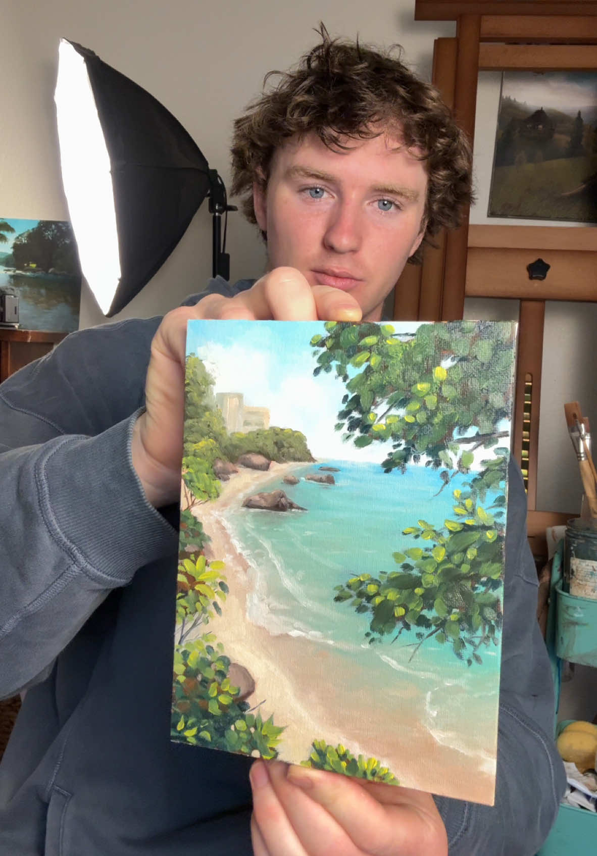 Here's more on my process 👇 Palette: Ultramarine Blue, Burnt Sienna, Cadmium Yellow, Titanium White, Cobalt Teal. Steps: 1. undertone - Burnt Sienna + Water 2. Sketch - Burnt Sienna then Ultramarine Blue + Burnt Sienna for dark values 3. Block-in - with basic shapes 4. Detail - using impressions with brush l used golden acrylics for steps 1-3 and blue ridge oils for step 4 #paintingvideos #paintingtips #paintingtutorials #landscapepainting #paintingideas #paintingprocess 