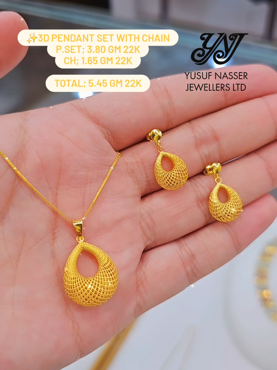 ✨️Casual wear 3d pendant set with chain crafted in 22karatgold  (Suitable for daily wear basis) . Details; P.set; 3.80 grams/22karatgold Chain; 1.65 grams/22karatgold . Total; 5.45 grams/22karatgold Price; 1,800,000 tsh + Tax . (Note; price is not fixed, will change as prices go higher or lower) . (Gold prices change every minute, we can't mention fix prices ,you can dm us or whatsapp our sales team us so we can give you the live prices of products you select) Contact info;👇🏻 . We accept trade/exchange from old gold jewelry to new gold jewelry at reasonable rates/offers. . Attentive 🛵 Delivery available all over Tanzania 🇹🇿 . Contact our sales team through Whatsapp 📞 ✨️Gold jewellery department; +255 686 300 800 +255 684 274 082 . 💎Gemstone jewellery department; +255 778 796 616 .  📍𝕍𝕚𝕤𝕚𝕥 𝕠𝕦𝕣 𝕤𝕙𝕠𝕡 𝕥𝕠 𝕧𝕚𝕖𝕨 𝕞𝕠𝕣𝕖 𝕔𝕠𝕝𝕝𝕖𝕔𝕥𝕚𝕠𝕟 𝕠𝕗 𝕘𝕠𝕝𝕕 22𝕜𝕒𝕣𝕒𝕥 𝕒𝕟𝕕 21𝕜𝕒𝕣𝕒𝕥 𝕘𝕠𝕝𝕕 𝕛𝕖𝕨𝕖𝕝𝕝𝕖𝕣𝕪 𝕎𝕖 𝕒𝕣𝕖 𝕝𝕠𝕔𝕒𝕥𝕖𝕕 𝕒𝕥 𝔻𝕒𝕣-𝕖𝕤-𝕤𝕒𝕝𝕒𝕒𝕞, ℂ𝕚𝕥𝕪 𝕔𝕖𝕟𝕥𝕣𝕖, 𝕀𝕟𝕕𝕚𝕣𝕒 𝔾𝕒𝕟𝕕𝕙𝕚 𝕤𝕥𝕣𝕖𝕖𝕥  . #21karatgoldjewelry #gold #goldjewellerydesign #21kgold #since1945 #yusufnasserjewellers #tanzania🇹🇿 #daressalaam #citycentre #viral #reels #reelsinstagram #music 
