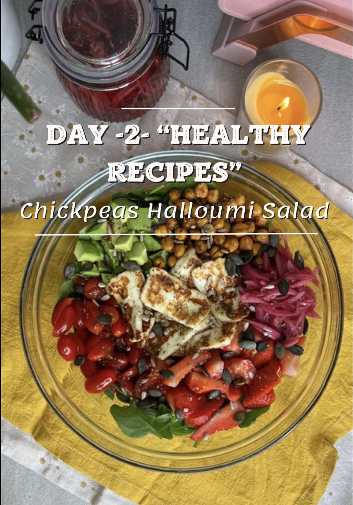 سلطة الحلوم والحمص المقرمش 🥗Crispy Chickpea & Halloumi Salad سلطة فريش وملوّنة، غنية بالنكهات — مثالية كوجبة خفيفة ومغذّية! 💫 المكونات: • أوراق سبانخ صغيرة • خضار مشكلة (مثل الجرجير، الخس، والشمندر) • فريز مقطّع • بندورة كرزية مقطّعة بالنص • أفوكادو مقطّع مكعّبات • بصل مخلّل (الوصفة موجودة عالصفحة) • بذور قرع أو دوّار الشمس  • حمص مقرمش: منخلط حمص مسلوق  مع شويّة زيت زيتون، رشة كمّون، حار، بابريكا وملح، بعدين منشويه بالفرن على حرارة 180 درجة لـ15 دقيقة تقريباً، لحتى يصير مقرمش ودهبي. • حلوم مشوي: منشوي شرحات الحلوم على مقلاية سخنة على الجهتين، و منرش زعتر بالأخير . 💫 الصوص (الصلصة): • ملعقة كبيرة زيت زيتون • عصير حامضة وحدة • ملعقة صغيرة خردل • ملح وبهار اسود  منخلطهم منيح و منزيده فوق السلطة قبل التقديم Crispy Chickpea & Halloumi Salad 🥗 A fresh, colorful salad full of texture and flavor—perfect for a nourishing meal! 💫Ingredients 	•	Baby spinach leaves 	•	Mixed greens (such as arugula, lettuce, beetroot ) 	•	Strawberries, sliced 	•	Cherry tomatoes, halved 	•	Avocado, cubed 	•	Pickled onions (check the recipe on my page) 	•	Pumpkin or sunflower seeds, for topping 	•	Crispy chickpeas:👉 Toss boiled chickpeas with olive oil, pinch of cumin, paprika chili flakes and salt;  roast in a preheated oven at 180°C for 15 minutes, until crispy and golden. 	•	Grilled halloumi:👉 Grill the halloumi slices in a hot pan until golden grill marks appear. Flip, then sprinkle some zaatar.  💫 Dressing 	•	1 tbsp olive oil 	•	Juice of 1 lemon 	•	1 tsp mustard 	•	Salt & pepper, to taste 👉 Whisk until smooth and drizzle over the salad just before serving. #salad #healthyeating #healthy #haloumi #health #healthylife #diet