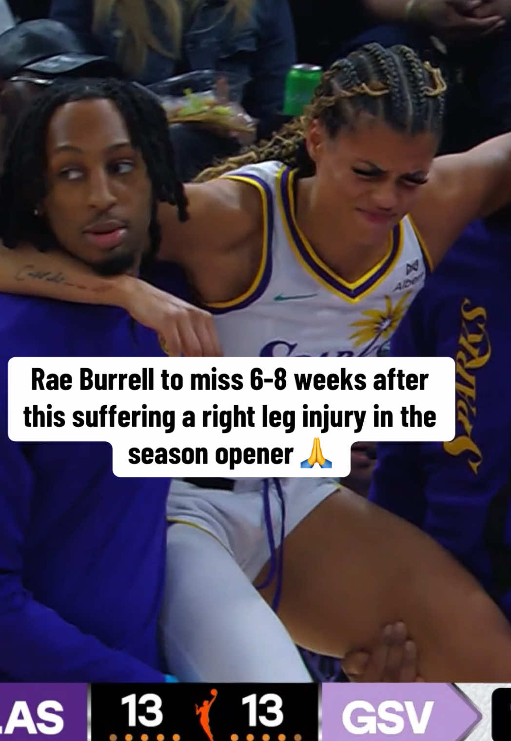 The team announced Sparks forward Rae Burrell will miss 6-8 weeks after suffering a right leg injury vs. the Valkyries in the season opener. Hoping for a speedy recovery 🙏 #WNBA #lasparks #raeburrell #womensbasketball 