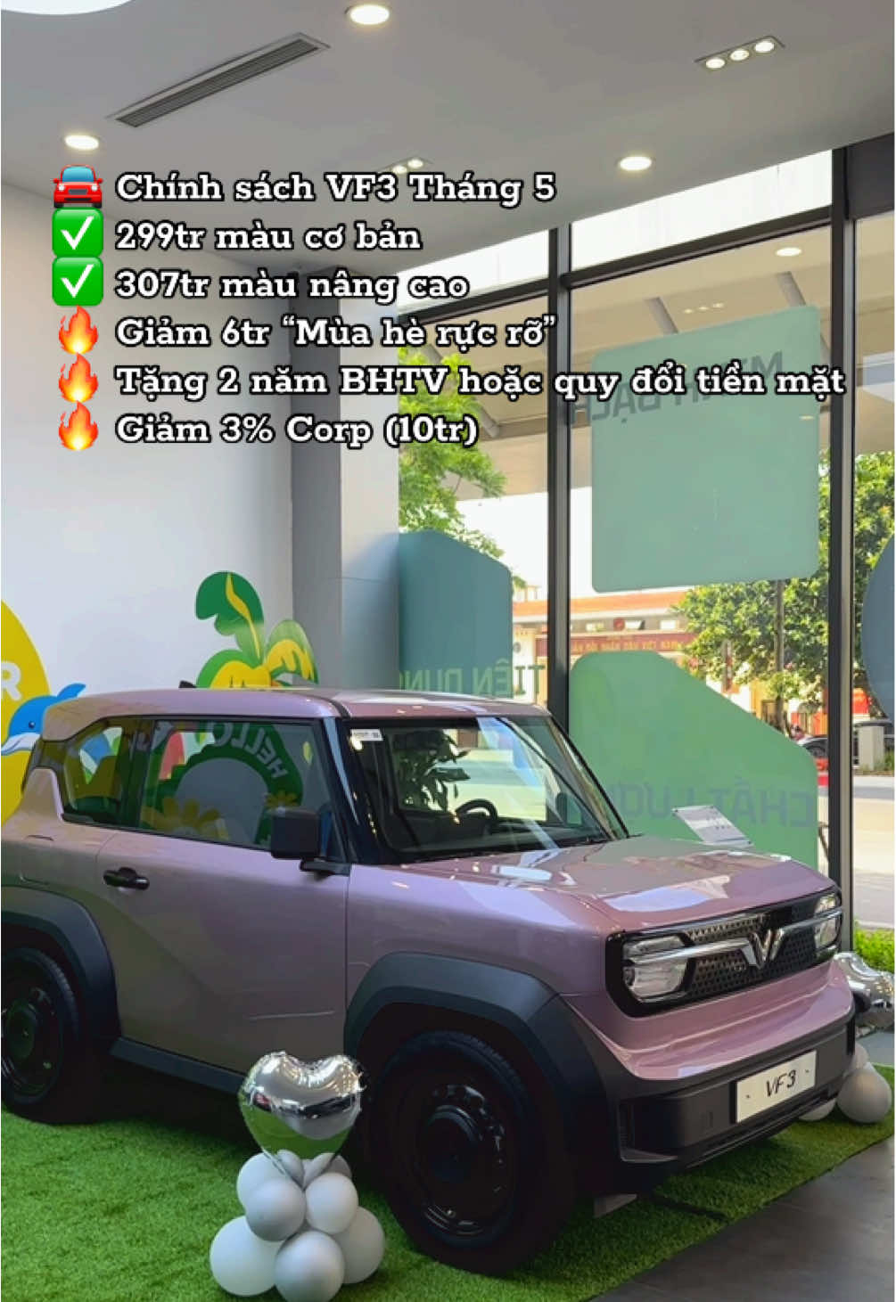🚘VF3 ưu đãi lớn chào hè  ✅ Giảm 6tr chương trình “Mùa hè rực rỡ” ✅ Tặng 2 năm BHTV hoặc quy đổi thành tiền mặt ✅ Giảm 3% khối Corp ✅ Tặng 6tr vào ví VinClub (HN) ☎️ 0393.128.979 📍 162 Trường Chinh, Đống Đa, Hà Nội #vf3 #vinfast #muaherucro 