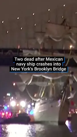 Two people have died after a Mexican naval ship hit the Brooklyn Bridge in New York City last night. The sailing ship, which was about to leave for a goodwill tour to Iceland, snapped its three masts in the collision, injuring crew members and leaving some dangling from harnesses high in the air waiting for help. In a scene captured in multiple eyewitness videos, the ship, called the Cuauhtemoc, could be seen travelling swiftly toward the bridge near the Brooklyn side of the East River. The cause of the collision is under investigation. #newyorkcity #news #brooklyn #mexico #usnews #fyp