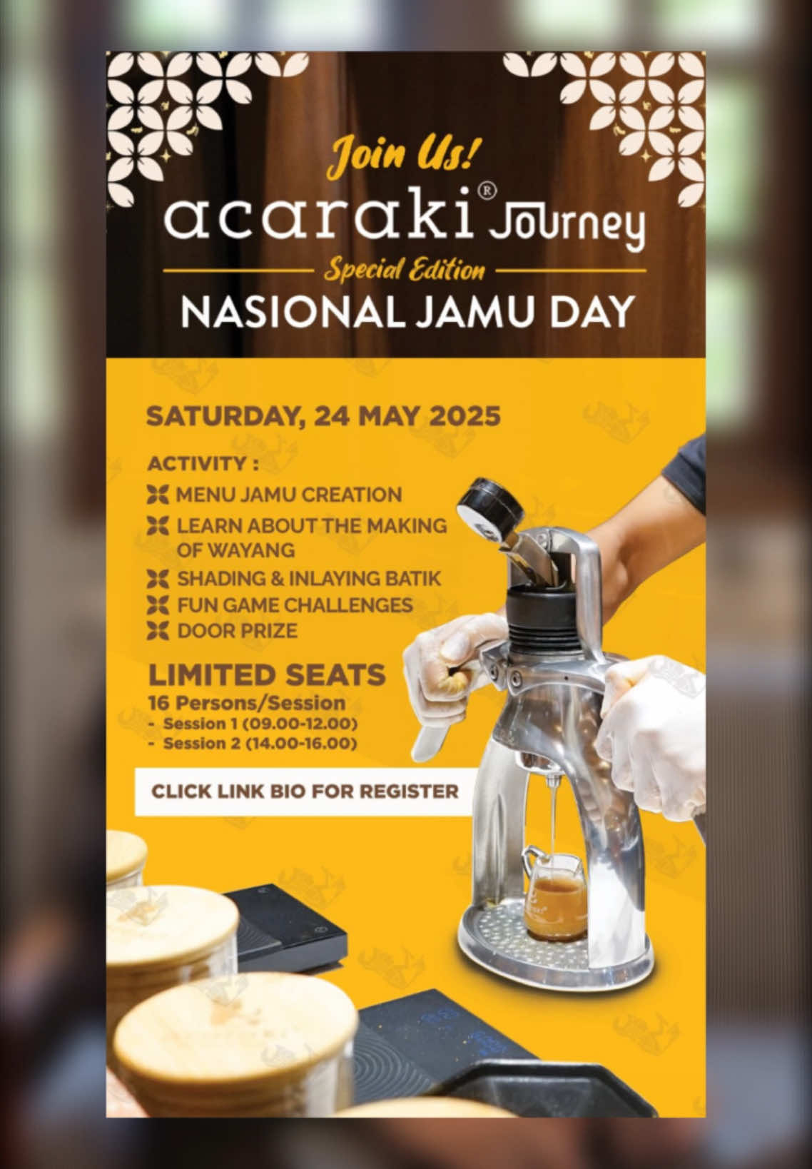 An old phone rings… and the spirit of tradition answers. ☎️🌿 When was the last time you were part of something truly rooted in culture? 🎉 acaraki Journey: 𝗦𝗽𝗲𝗰𝗶𝗮𝗹 𝗘𝗱𝗶𝘁𝗶𝗼𝗻 – 𝗡𝗮𝘁𝗶𝗼𝗻𝗮𝗹 𝗝𝗮𝗺𝘂 𝗗𝗮𝘆 is calling! Step into a celebration filled with: 🌿𝗝𝗮𝗺𝘂-𝗺𝗮𝗸𝗶𝗻𝗴 𝘄𝗶𝘁𝗵 𝗮𝗰𝗮𝗿𝗮𝗸𝗶 🎯𝗙𝘂𝗻 𝗴𝗮𝗺𝗲𝘀 & 𝗱𝗼𝗼𝗿 𝗽𝗿𝗶𝘇𝗲𝘀 🎭𝗪𝗮𝘆𝗮𝗻𝗴 𝗲𝘅𝗽𝗹𝗼𝗿𝗮𝘁𝗶𝗼𝗻 🎨𝗕𝗮𝘁𝗶𝗸 𝘀𝗵𝗮𝗱𝗶𝗻𝗴 𝗲𝘅𝗽𝗲𝗿𝗶𝗲𝗻𝗰𝗲 🗓 Mark the date: 𝗠𝗮𝘆 𝟮𝟰, 𝟮𝟬𝟮𝟱 🎟 Seats are very 𝗹𝗶𝗺𝗶𝘁𝗲𝗱—just 16 people per session! Ready to reconnect with heritage in the most joyful way? 📞 Pick up the call—click the link in bio on acaraki.jamu Instagram and join the journey today. ##TheArtOfJamu#JamuNewWave #IndonesiaMenjamu #acarakimenjamu #PerjamuanNusantara #acaraki #acarakijourney #NationalJamuDay #JamuCulture #IndonesianHeritage #CelebrateTradition