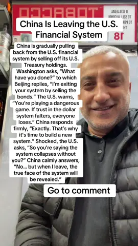 China Is Leaving the U.S. Financial System China is gradually pulling back from the U.S. financial system by selling off its U.S. Treasury holdings. Washington asks, “What have you done?” to which Beijing replies, “I’m exiting your system by selling the bonds.” The U.S. warns, “You’re playing a dangerous game. If trust in the dollar system falters, everyone loses.” China responds firmly, “Exactly. That’s why it’s time to build a new system.” Shocked, the U.S. asks, “So you’re saying the system collapses without you?” China calmly answers, “No… but when I leave, the true face of the system will be revealed.”#us #chinaa #politics 