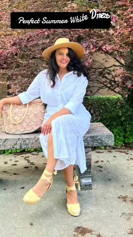 Nothing says summer quite like a gorgeous white dress and this shirt dress from @LOFT certainly fits that description.  #whitedress #summervibes #summerdress #fashionover40 #midsizefashion #loft #loftstyle #eyeletdress 