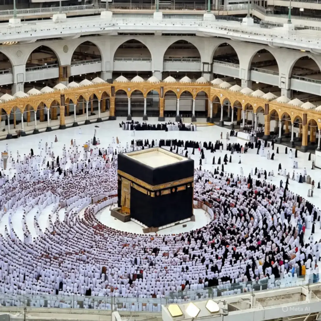 The image you shared is a stunning depiction of the Kaaba in Masjid al-Haram, Mecca, with worshippers walking around it during what appears to be either sunrise or sunset. The scene is framed with palm trees and flowers, adding a peaceful and spiritual vibe to the moment.
