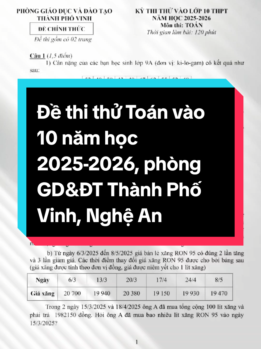 Đề thi thử Toán vào 10 năm học 2025-2026, phòng GD&ĐT Thành Phố Vinh, Nghệ An. #hoccungtiktok #hocsinh #giaoduc #giaovien #hoctap #2k10 #2k10onthivao10 #thanhphovinh 
