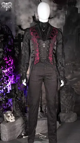 🍷Rich blacks, bold reds, and intricated details. #gothicmen #gothicmenfashion #gothicvibes #vampirecostume #darkaesthetic #draculastyle 