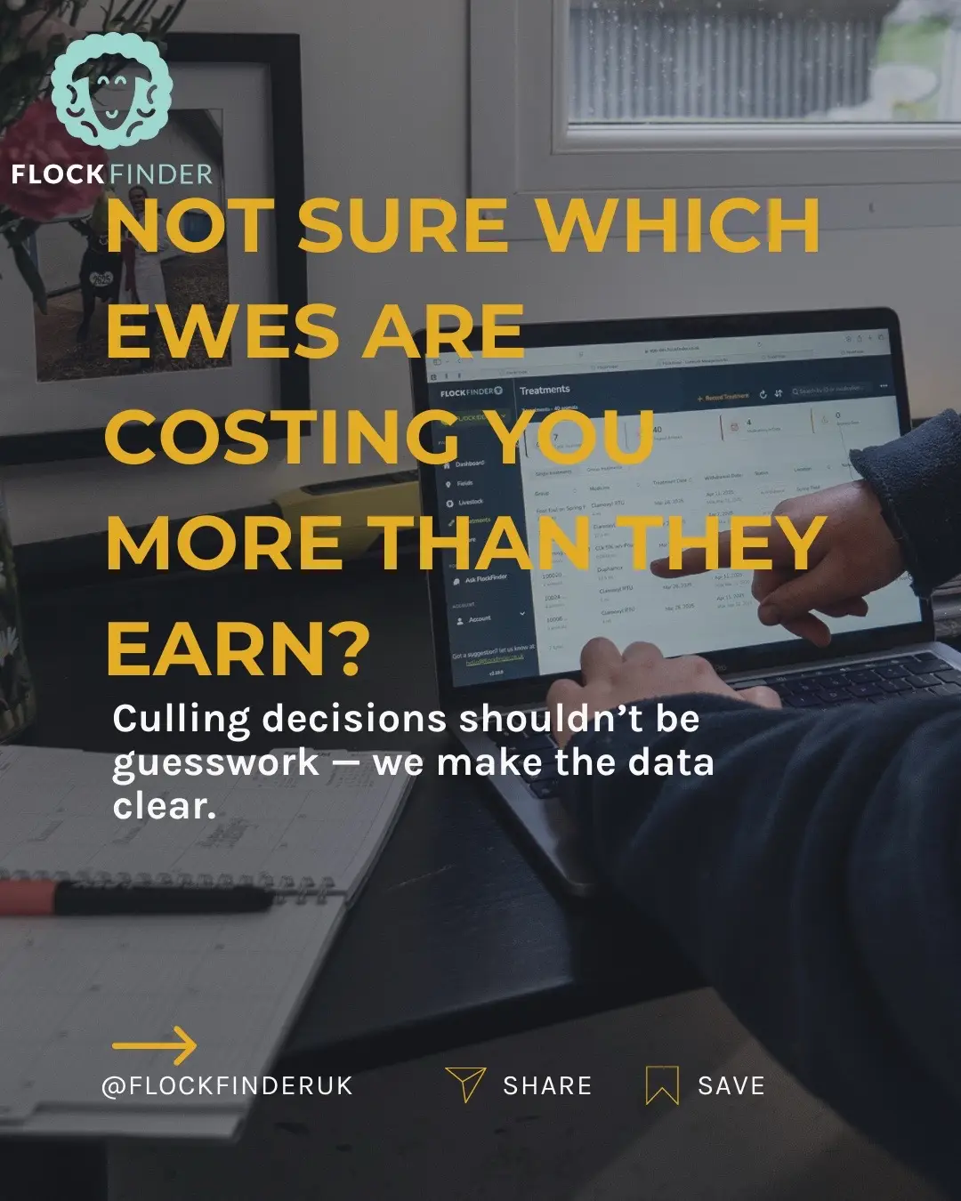 Every underperformer costs you more than you think—and guessing isn’t a strategy. FlockFinder’s Culling Analysis pulls together weights, treatments, and history to flag animals that aren’t keeping up—so you can make the right call without the mental load. Cull with clarity. Keep what pays. 👉 Start your free trial today. #flockfinder #cullingtool #sheepfarming #ukfarming #livestockmanagement #backbritishfarming #farmdecisions #farmingmadeeasy #farmtech #farmlife