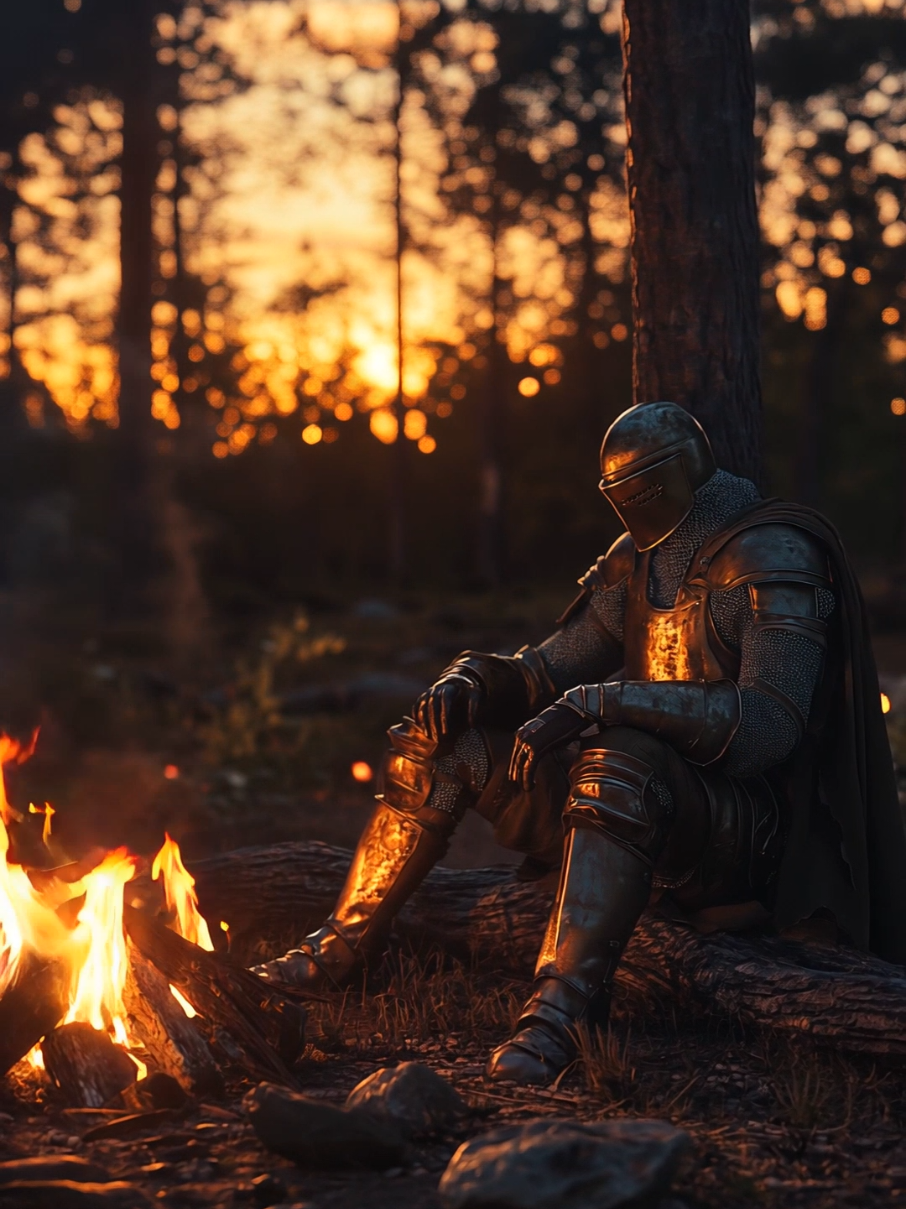 The knight rests by the fire, quiet and steady, as the day fades behind him. 🔥🌅🛡️ #medieval #medievalfantasy #darkfantasyart #knight #aivideo #aigenerated #midjourney 