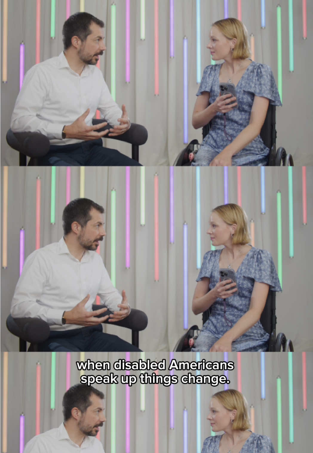 Claiming Our Seat: with special guest Secretary Pete! 🚂✈️♿️✨ Question: Why is disability inclusion important for every body???  Video description: Cienna, a blonde haired white woman wearing a floral blue silk dress using a wheelchair talks with former secretary of transportation, Pete Buttigieg before cutting to a title card that reads Claiming our Seat with Secretary Pete, question: why is disability inclusion important to every body? Before cutting back to their interview in a studio with colorful light bars behind them.  #BeTheChange #AmericanDream #Michigander #DisabledJoy #RepresentationMatters #BabeWithAMobilityAid #Disability #DisabledAndCute #ChronicIllness #chronicpain #InvisibleIllness #RareDisease #Wheelchair#MentalHealth #TerminalIllness #GRWM  #Hope #BeTheLight #ChangeMaker #DisabilityAdvocacy #DisabilityPride #americanswithdisabilitiesact #ada #DisabilityRights #DisabilityPride #petebuttigieg #secretaryoftransportation 
