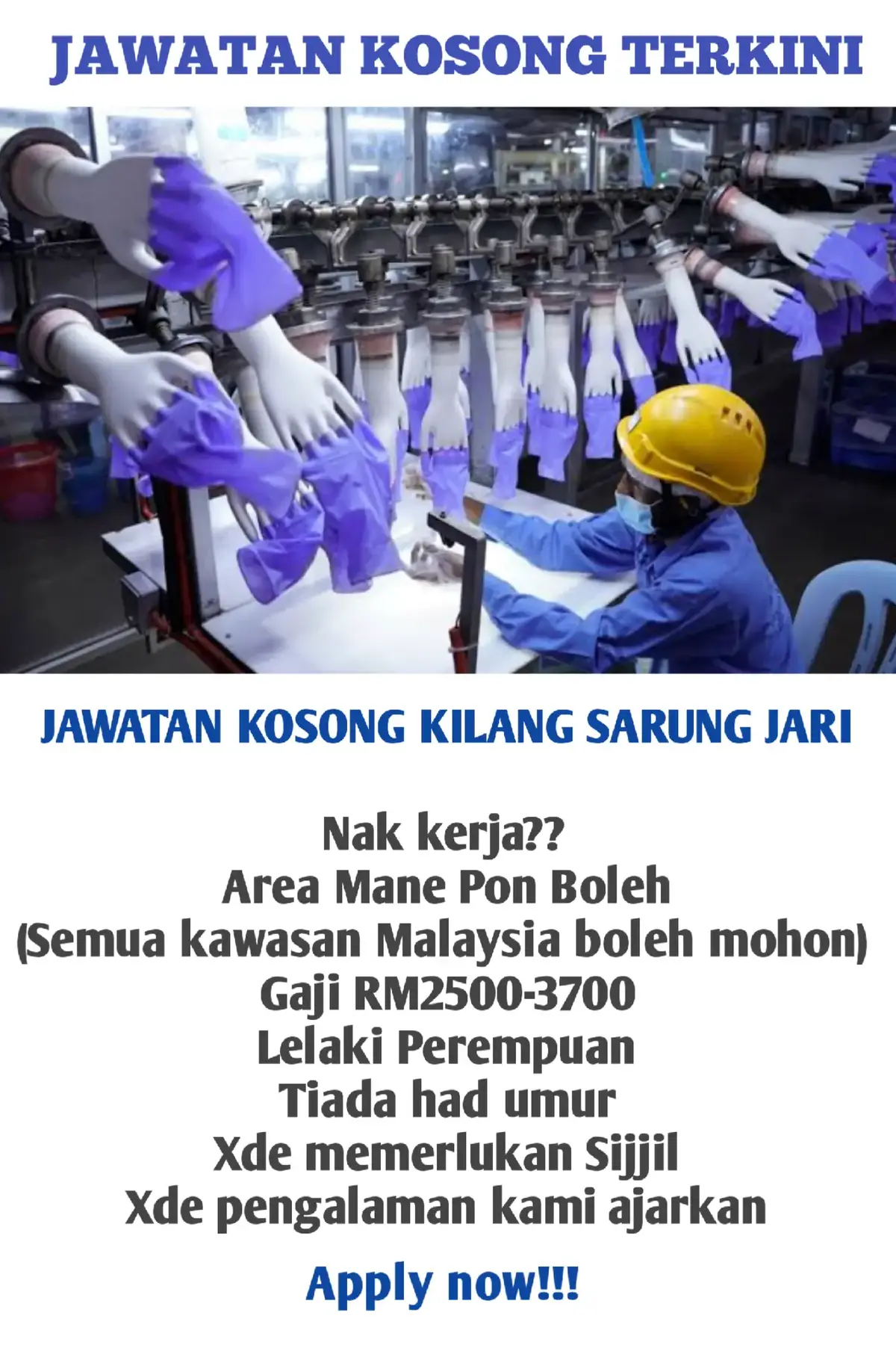 JAWATAN KOSONG KILANG SARUNG JARI (Semua kawasan Malaysia boleh mohon) Gaji RM2500-3700 Lelaki Perempuan Tiada had umur Xde memerlukan Sijjil Xde pengalaman keja kmi ajrkan apply sekarang!!!  #jawatankosong #jawatankosongkerajaan #jawatankosongmalaysia #fyp #jawatan #jawatankerajaan #jawatankosongterkini #jawatankosong2025 