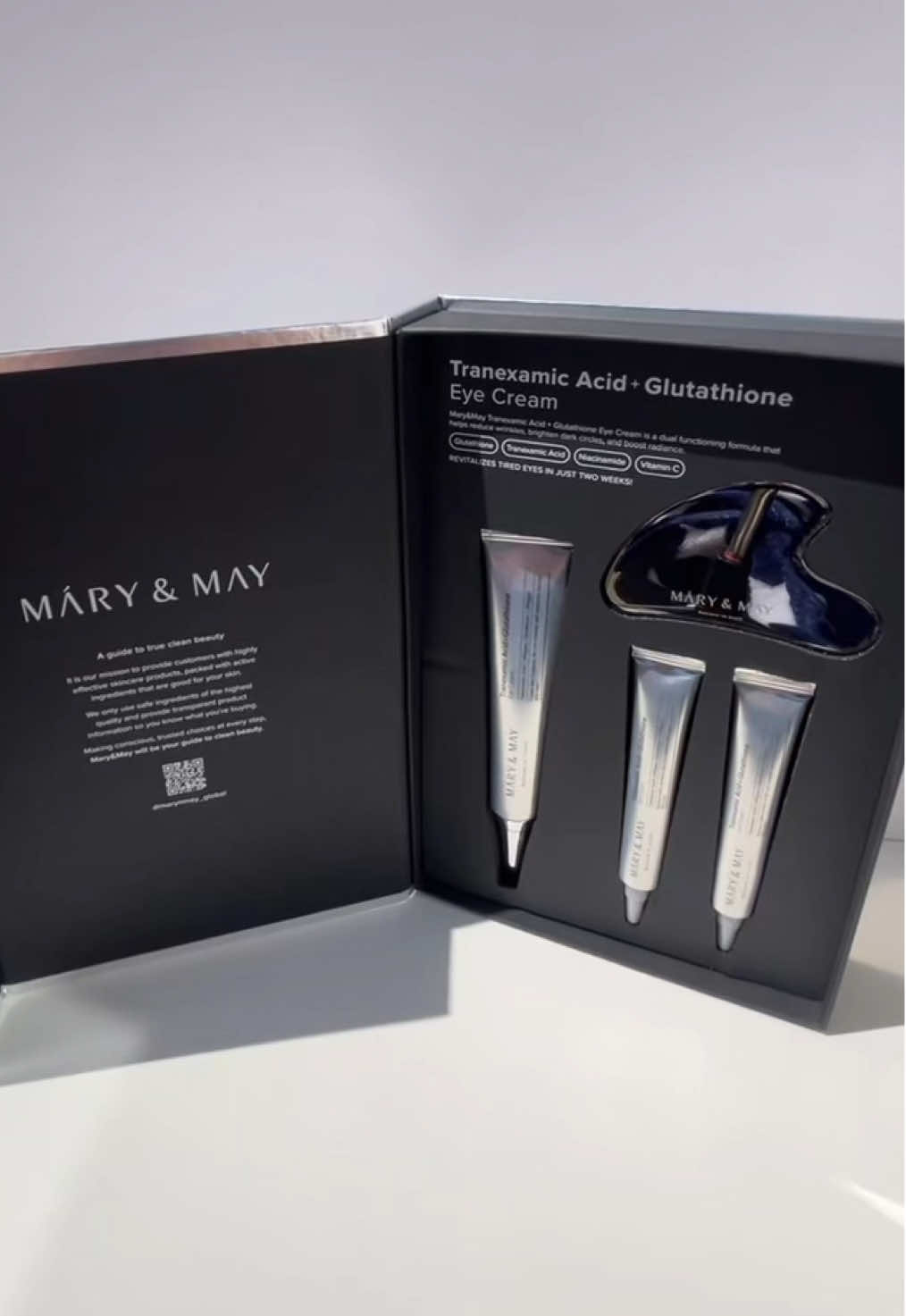 Thank you so much @Mary&May Official for sending over this gorgeous Tranexamic Acid + Glutathione Eye Cream set 💙 I’ve been using it for a few days now and already noticing how much brighter and more hydrated my under-eyes feel! 💫 Infused with tranexamic acid, glutathione, niacinamide & vitamin C — this combo is a dark circle destroyer 🧊✨ And can we talk about how luxurious the packaging is?! 😍 #marynmay #eyecream #kbeauty #marynmaydotdotdot #lovemarynmay #MaryAndMay #KBeauty #EyeCreamReview #SkincareRoutine #GlowingSkin #TikTokSkincare   #BrightUnderEyes #Glutathione #TranexamicAcid #SkincareTikTok #ViralSkincare #KoreanBeauty   #UGCCreator #PRUnboxing #SkincareThatWorks #GlassSkinGoals #SkincareReels #BeautyTok   #SelfCareRoutine #DarkCirclesBeGone